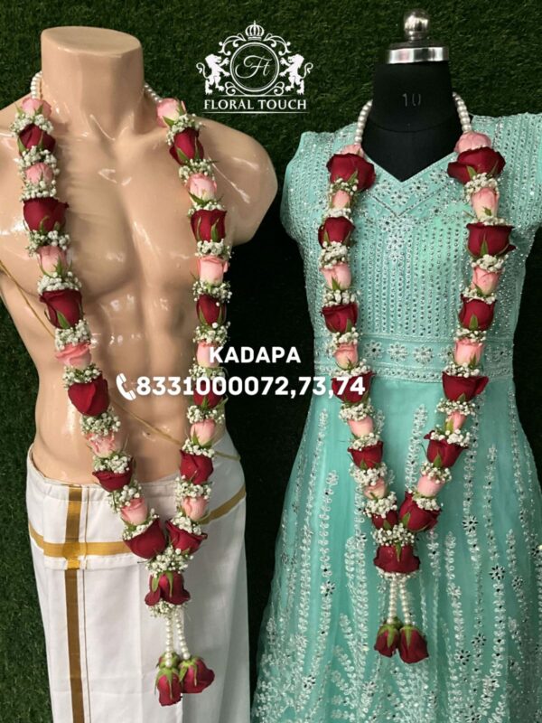 Elegant Red and Pink Rose Wedding Garlands with White Floral Pearls - Image 2