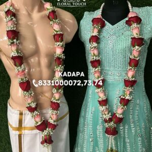 Elegant Red and Pink Rose Wedding Garlands with White Floral Pearls