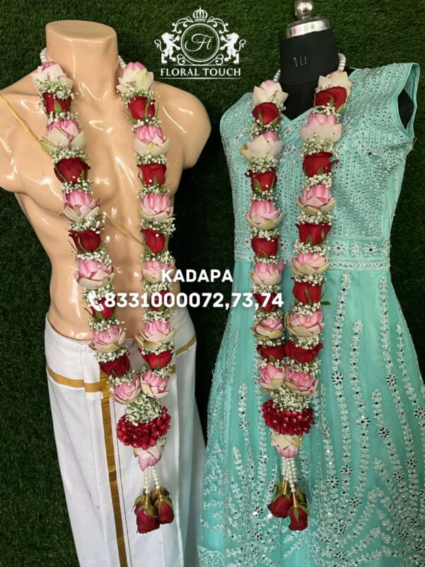 Luxurious Pink and Red Lotus Wedding Garlands with White Accents - Image 2