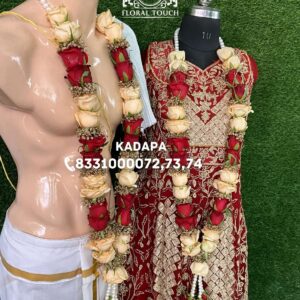 Classic Red and Cream Rose Wedding Garlands | Luxurious Bride & Groom Floral Set