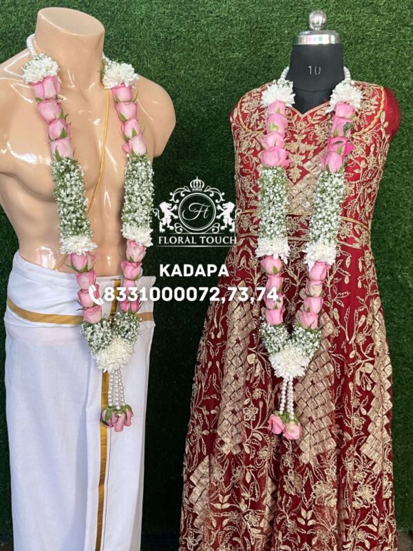 Elegant Pink Rose and Jasmine Wedding Garlands | Traditional Bride & Groom Floral Set - Image 2