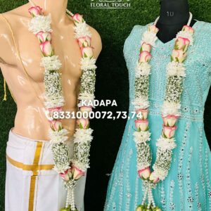 Traditional Couple’s Floral Garland Set with White Chrysanthemums and Pink Roses