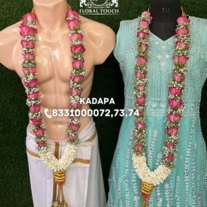 Traditional Pink Rose and Jasmine Wedding Garland with Golden Tassels