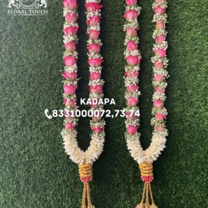 Grand Pink Rose Wedding Garland with Jasmine & Gold Accents