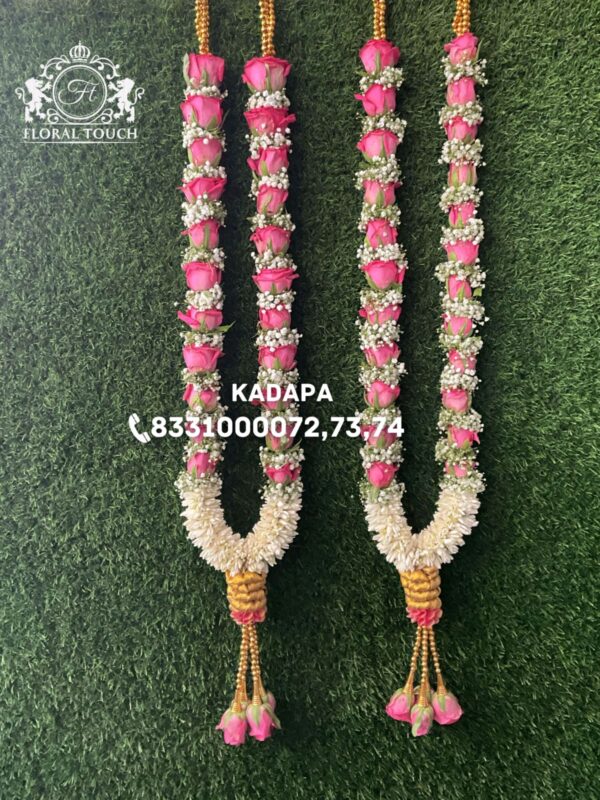Grand Pink Rose Wedding Garland with Jasmine & Gold Accents
