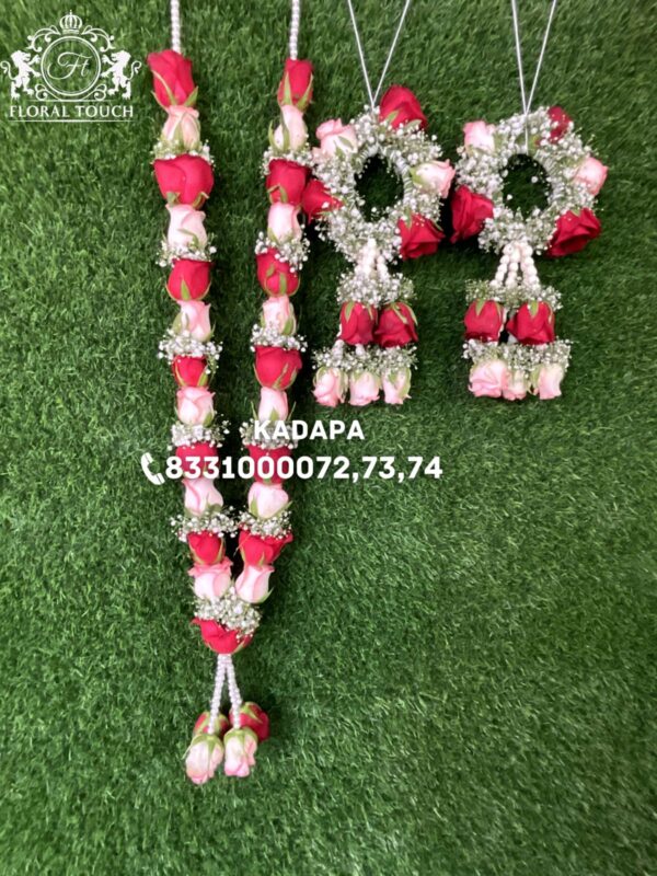 Delicate Red & White Rose Wedding Garland with Matching Boutonniere Set - Image 2