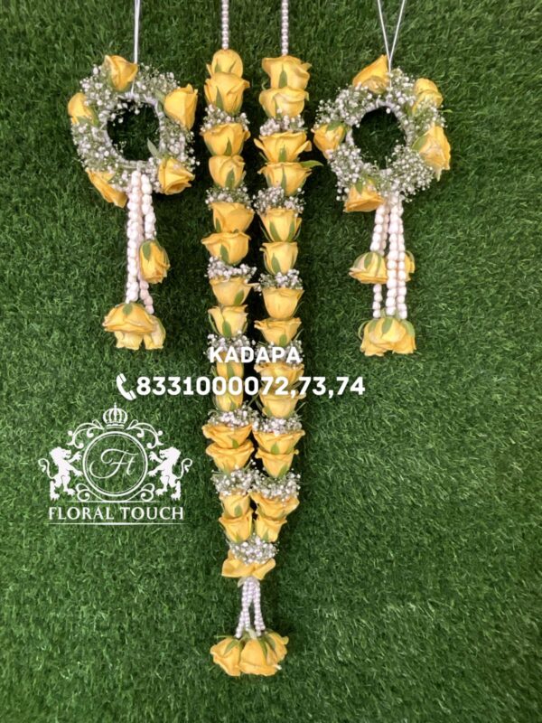 Yellow Rose Wedding Garland with Pearl Strings and Floral Accessories - Image 2