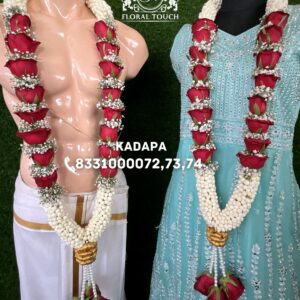 Premium Red Rose and Jasmine Wedding Garland with Pearl & Golden Accents