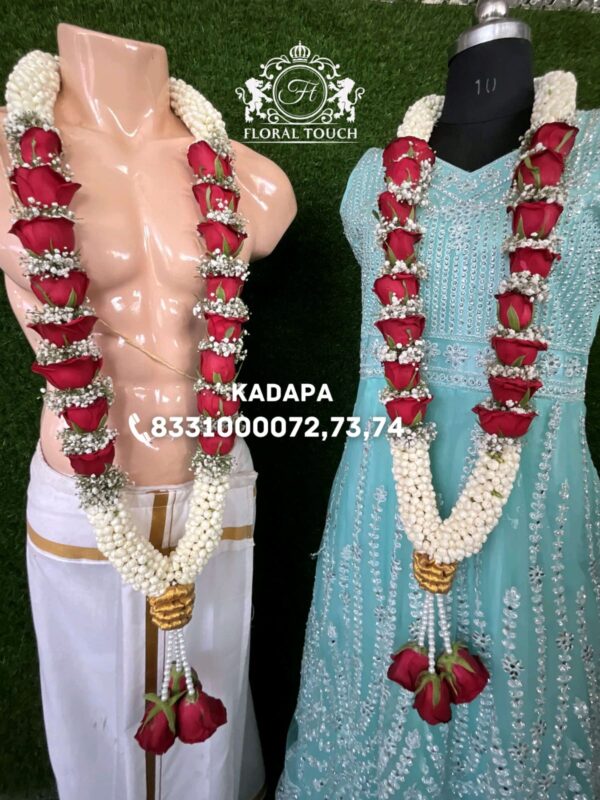 Premium Red Rose and Jasmine Wedding Garland with Pearl & Golden Accents