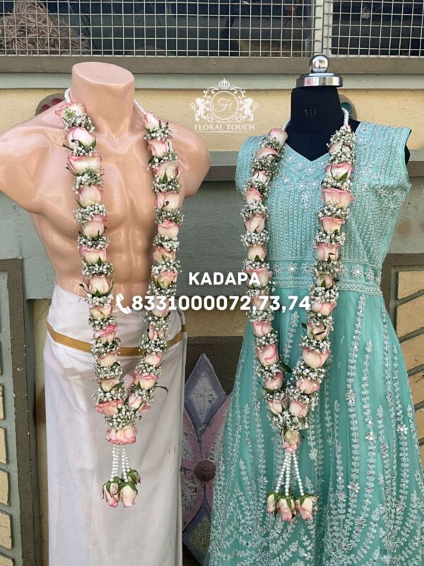 Handcrafted White and Pink Rose Wedding Garland - Image 2