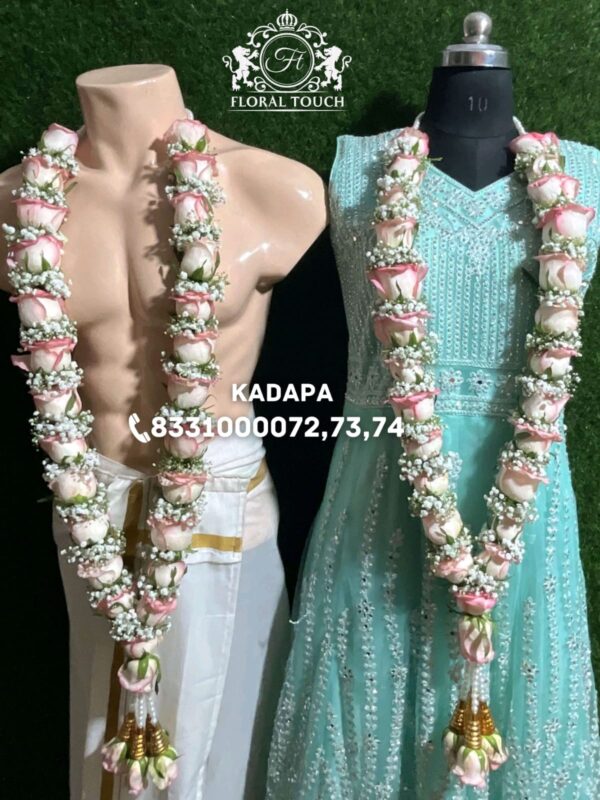 Graceful Pink & White Rose Wedding Garlands with Pearl Accents - Image 2