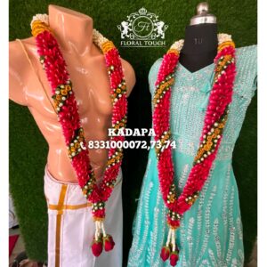 Handcrafted Red Rose and Jasmine Wedding Garlands with Golden Accents
