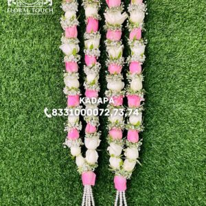 Graceful Pink and White Rose Wedding Garland with Pearls