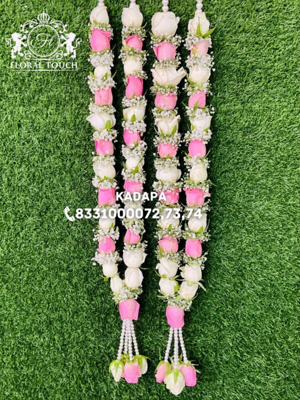 Graceful Pink and White Rose Wedding Garland with Pearls