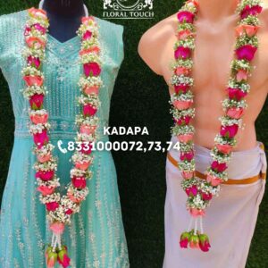 Vibrant Pink and Peach Rose Wedding Garland with Baby’s Breath and Pearl Accents