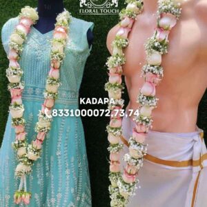Premium Pastel Pink and White Rose Wedding Garland with Baby’s Breath and Pearl Finish