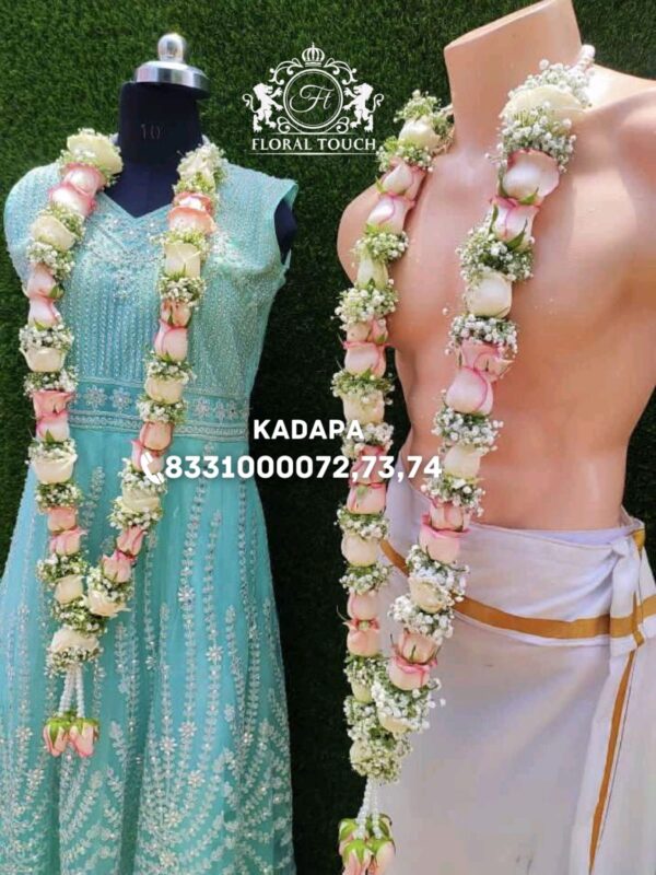 Premium Pastel Pink and White Rose Wedding Garland with Baby’s Breath and Pearl Finish