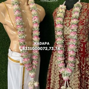 Premium Lotus and Pink Rose Wedding Garland with Pearl Highlights