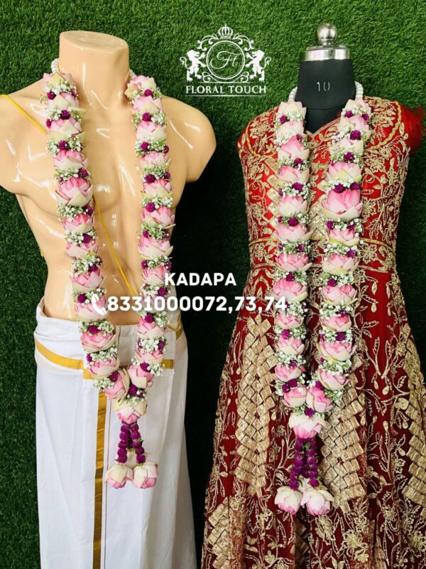 Elegant Lotus-Inspired Pink and White Wedding Garlands with Floral Accents - Image 2