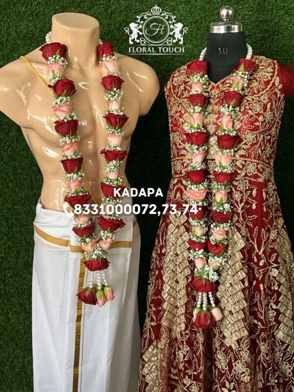 Royal Red and Pink Rose Wedding Garlands with Baby’s Breath and Pearl Detailing - Image 2