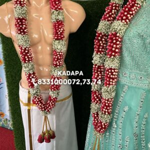 Traditional Red and White Jasmine Wedding Garlands with Rose Finishes