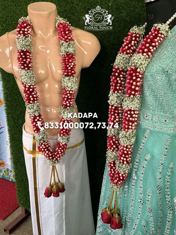 Traditional Red and White Jasmine Wedding Garlands with Rose Finishes