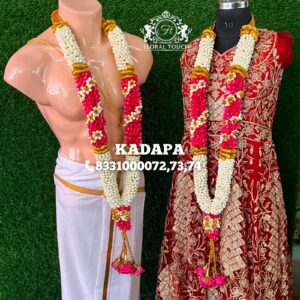 Floral Touch White Pearl and Red Rose Wedding Mala with Tassels
