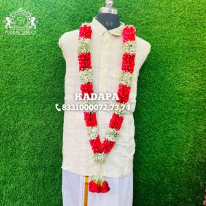 Traditional Red and White Floral Garland with Roses and Pearls