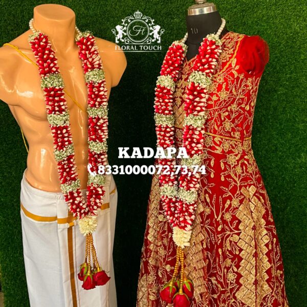 Floral Touch Red Rose and White Pearl Wedding Mala with Tassels