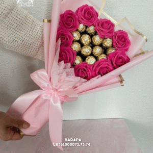 Pink Ferrero Rocher Chocolate Bouquet with Artificial Pink Roses | Elegant Gift Arrangement