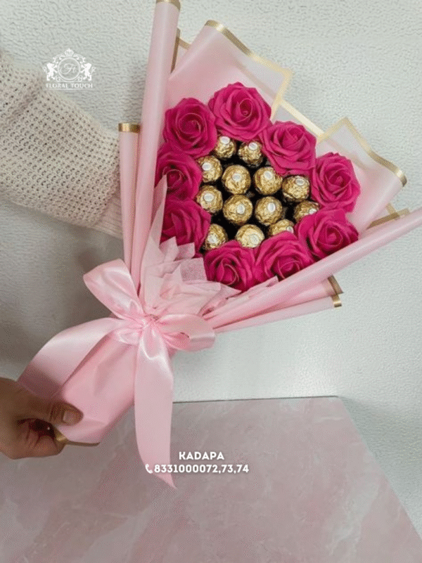 Pink Ferrero Rocher Chocolate Bouquet with Artificial Pink Roses | Elegant Gift Arrangement