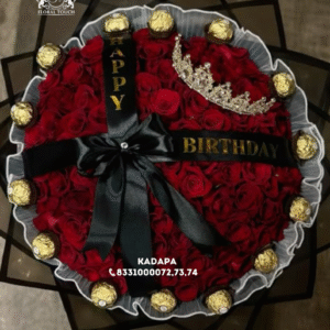 Happy Birthday Red Rose Bouquet with Ferrero Rocher Chocolates and Crown | Elegant Gift Arrangement