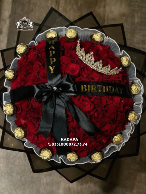 Happy Birthday Red Rose Bouquet with Ferrero Rocher Chocolates and Crown | Elegant Gift Arrangement