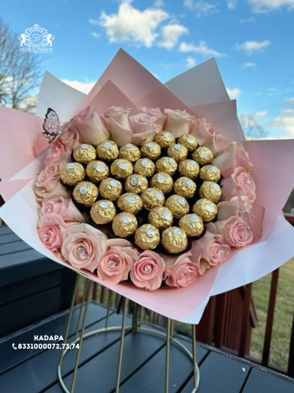 Luxurious Pink Roses & Ferrero Rocher Chocolate Bouquet | Elegant Gift Arrangement