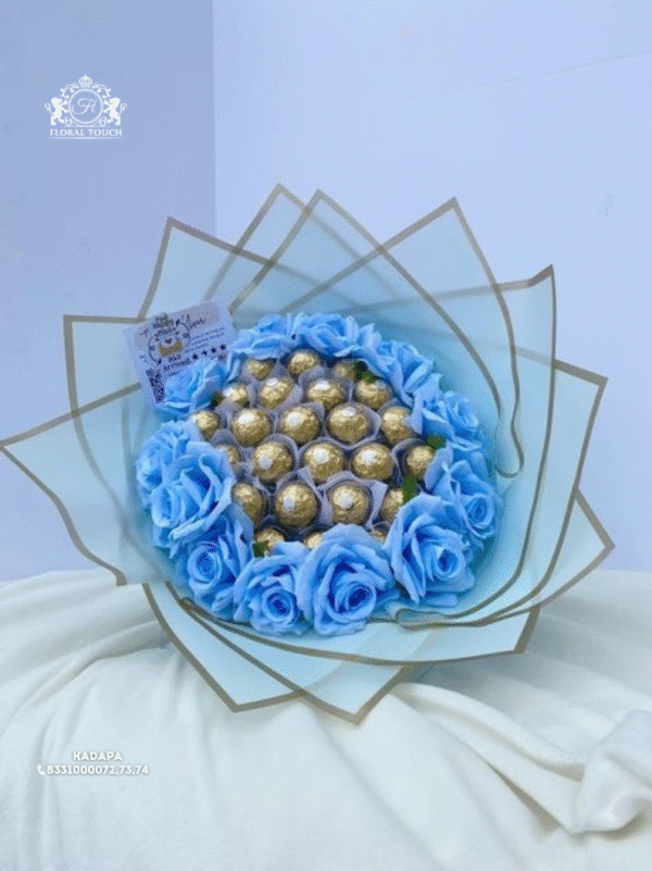 Elegant Blue Roses and Ferrero Rocher Chocolate Bouquet | Premium Gift for Special Occasions