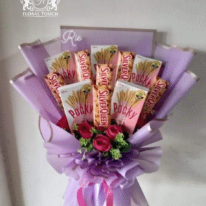 Deluxe Pocky & Silver Queen Chocolate Snack Bouquet with Fresh Pink Roses