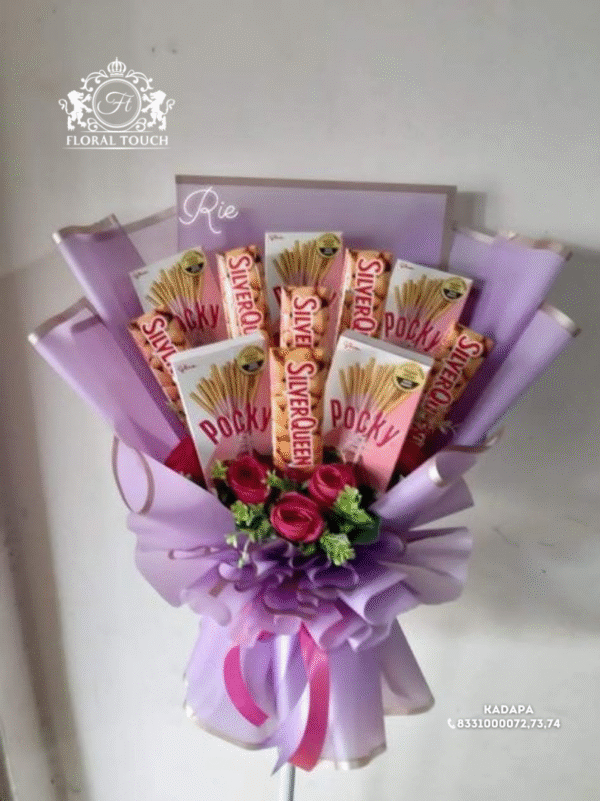 Deluxe Pocky & Silver Queen Chocolate Snack Bouquet with Fresh Pink Roses