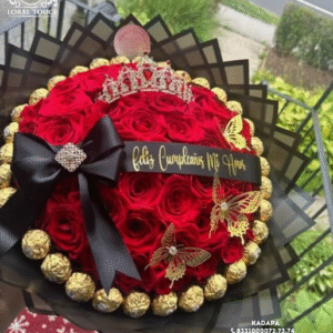 Luxury Red Rose & Ferrero Rocher Chocolate Bouquet with Elegant Black Ribbon and Butterfly Decor