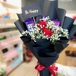 Elegant Red Rose and Cadbury Dairy Milk Chocolate Bouquet with Baby’s Breath Flowers