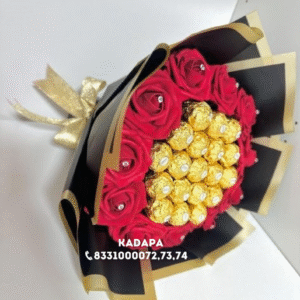 Elegant Red Rose & Ferrero Rocher Chocolate Bouquet with Gold Ribbon – Premium Gift for Special Occasions