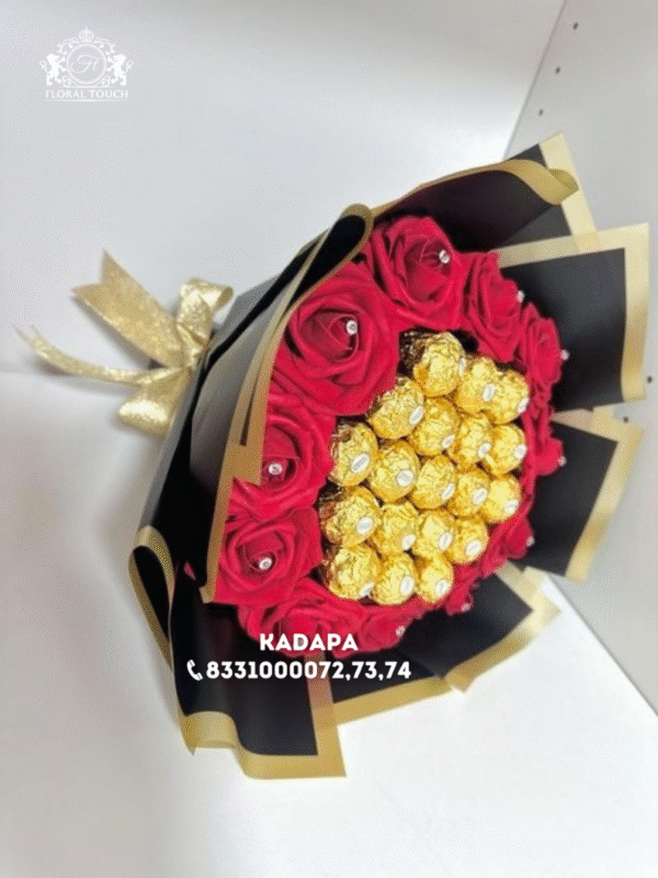 Elegant Red Rose & Ferrero Rocher Chocolate Bouquet with Gold Ribbon – Premium Gift for Special Occasions
