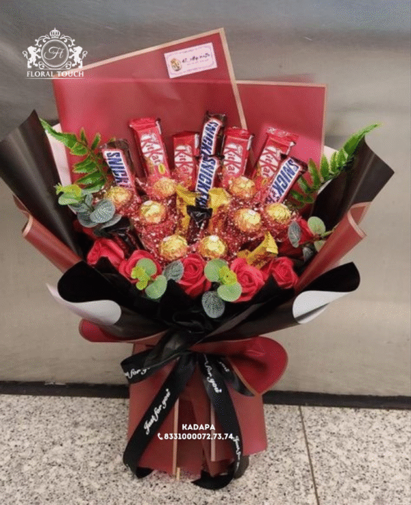 Luxury Mixed Chocolate Bouquet with Snickers, KitKat, Ferrero Rocher and Roses