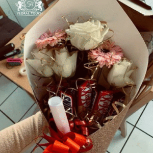 Elegant White Rose and Chocolate Bouquet with KitKat and Snickers