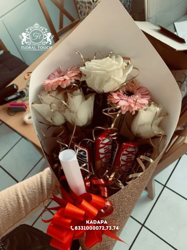Elegant White Rose and Chocolate Bouquet with KitKat and Snickers