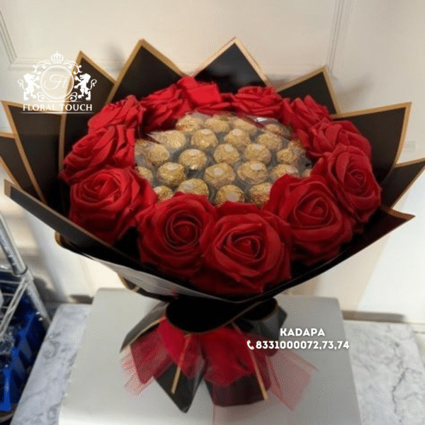 Premium Ferrero Rocher and Red Rose Black-Gold Bouquet