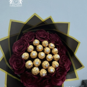 Elegant Ferrero Rocher & Deep Maroon Rose Chocolate Bouquet