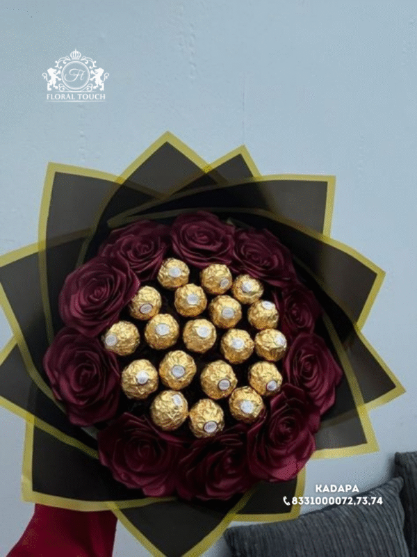 Elegant Ferrero Rocher & Deep Maroon Rose Chocolate Bouquet