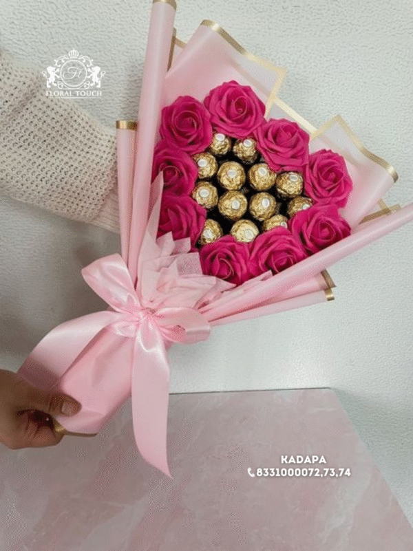 Pink Rose Heart with Ferrero Rocher Chocolate Bouquet – Floral Touch Kadapa