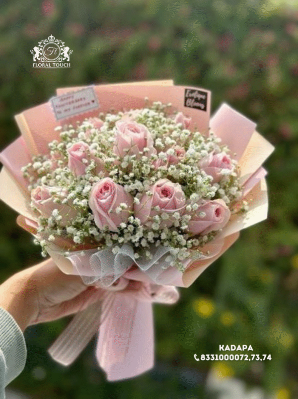 Blush Pink Roses and Baby’s Breath Bouquet – Elegant Gift by Floral Touch Kadapa