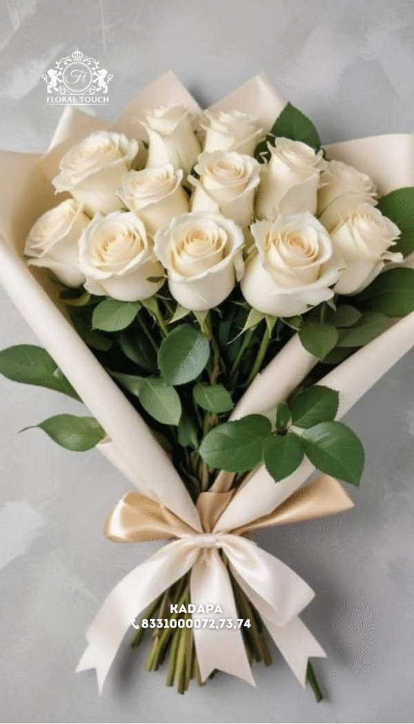 Elegant White Rose Bouquet with Satin Bow – Pure & Classic Gift by Floral Touch Kadapa